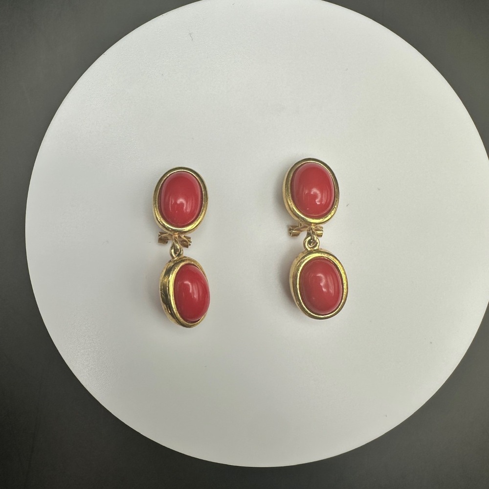 VTG Liz Clairborne 90s Red Dangle Clip On Earrings Cabochon Oval Stone Gold Tone